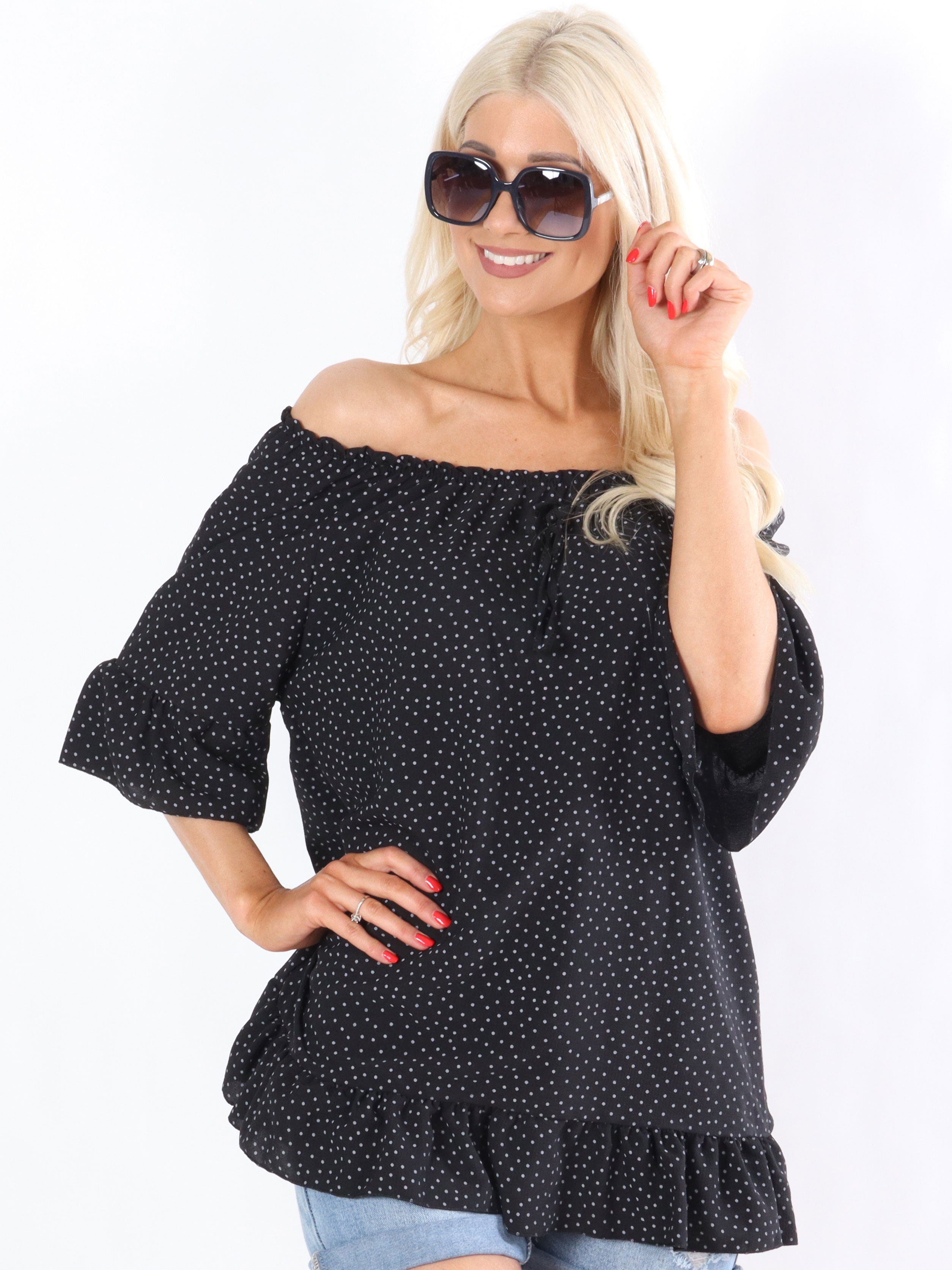 Janai - Tunika med hvide prikker og elastik i udskæringen